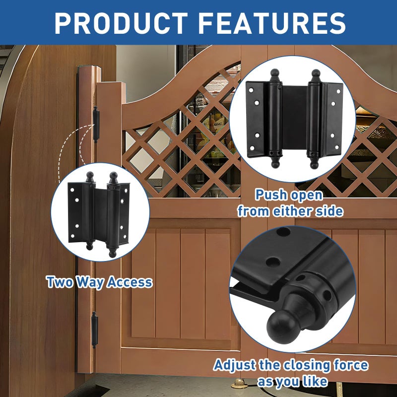 TamBee 4inch Double Action Hinge Saloon Door Hinges Swinging Door Hinge Heavy Duty Self Closing Black Steel Hinges with Screws - Image 3